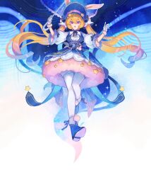 Rule 34 | 1girl, absurdres, animal ears, blonde hair, blue footwear, blue hair, blue ribbon, bonnet, character request, chinese commentary, commentary request, dress, full body, gloves, gradient hair, guardian tales, highres, holding, holding umbrella, long hair, multicolored hair, open mouth, pantyhose, parasol, pink eyes, pink hair, pom pom (clothes), rabbit ears, ribbon, sang yu qwq, short sleeves, solo, star (symbol), twintails, umbrella, white dress, white gloves, white pantyhose