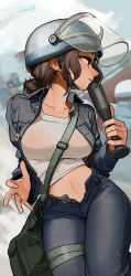Rule 34 | 1girl, absurdres, bag, brown hair, denim, face shield, from side, green bag, helmet, highres, holding, holding weapon, jacket, jeans, navel, open fly, original, pants, rifleman1130, see-through, see-through shirt, shirt, shoulder bag, weapon, white shirt