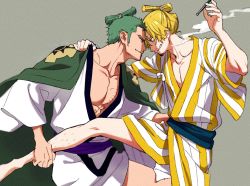 Rule 34 | 2boys, alternate hairstyle, blonde hair, eye contact, forehead-to-forehead, green hair, hair over one eye, haori, heads together, japanese clothes, kimono, leg grab, leg hair, long sideburns, looking at another, male focus, multiple boys, official alternate costume, one piece, pectoral cleavage, pectorals, roronoa zoro, sanji (one piece), scar, scar across eye, scar on face, short hair, sideburns, smoking, taro (honyarara00), thighs, toned, toned male, white kimono, yaoi, yellow kimono