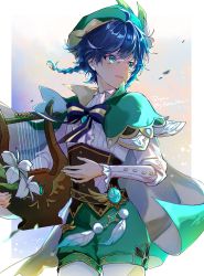 Rule 34 | 1boy, argyle, argyle clothes, argyle legwear, beret, black hair, blue hair, blush, bow, braid, brooch, center frills, collared cape, collared shirt, commentary request, corset, flower, frilled sleeves, frills, gem, genshin impact, gradient hair, green eyes, green hat, green shorts, hat, highres, holding, holding instrument, instrument, jewelry, leaf, long sleeves, looking to the side, lyre, male focus, multicolored hair, open mouth, outside border, pantyhose, parted lips, shirt, short hair with long locks, shorts, side braids, sidelocks, sky, smile, solo, sparkle, striped, striped bow, takoyan (g autumn), twin braids, twitter username, venti (genshin impact), white flower, white pantyhose, white shirt, wind
