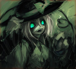 Rule 34 | 1girl, bow, female focus, glowing, glowing eyes, green eyes, green theme, hat, heart, highres, holding, holding hat, komeiji koishi, open mouth, solo, spark621, third eye, touhou, upper body, white hair
