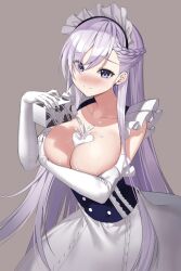 Rule 34 | 1girl, aile (crossroads), azur lane, bare shoulders, belfast (azur lane), blue eyes, breasts, cleavage, elbow gloves, gloves, grey background, highres, large breasts, long hair, looking at viewer, maid, maid headdress, milk, sexually suggestive, simple background, smile, solo, suggestive fluid, white gloves, white hair