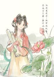 Rule 34 | 1girl, absurdres, black hair, brown eyes, chinese clothes, chinese text, cone hair bun, dress, earrings, flower, hair bun, hair flower, hair ornament, hair rings, hanfu, highres, holding, jewelry, lemmm-mmme, long hair, long sleeves, lotus, lotus leaf, lotus pod, multicolored hair, original, parted bangs, qixiong ruqun, ruqun, scroll, smile, solo, streaked hair