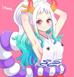 Rule 34 | 1girl, aqua hair, armpits, arms behind head, arms up, breasts, character name, commentary request, curled horns, earrings, hair ornament, hair stick, highres, hoop earrings, horns, iinano (inanosuke), japanese clothes, jewelry, kataginu, long hair, looking at viewer, medium breasts, multicolored hair, multicolored horns, one piece, orange horns, pink background, ponytail, red horns, rope, shimenawa, sideboob, solo, two-tone hair, upper body, vest, white hair, white vest, yamato (one piece)