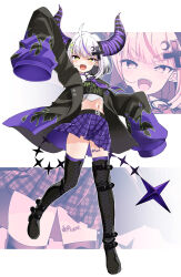 Rule 34 | 1girl, ahoge, arm up, belt, black belt, black footwear, black hair, black horns, black jacket, blush, boots, choker, collared shirt, commentary request, crescent, crescent hair ornament, cropped shirt, cross-laced footwear, cross hair ornament, demon girl, demon horns, fangs, flame print, gradient hair, grey hair, hair ornament, highres, hololive, horns, jacket, kuuma25 kuma, la+ darknesss, la+ darknesss (3rd costume), lace-up boots, leg tattoo, long sleeves, looking at viewer, midriff, multicolored hair, navel, necktie, official alternate costume, open clothes, open jacket, open mouth, plaid, plaid skirt, pointy ears, purple choker, purple hair, purple necktie, purple skirt, shirt, short hair, skirt, sleeves past fingers, sleeves past wrists, slit pupils, smile, sparkle hair ornament, standing, standing on one leg, streaked hair, tail, tattoo, teeth, thigh boots, upper teeth only, virtual youtuber, white shirt, yellow eyes