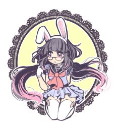 Rule 34 | 1girl, angelica (k3lly), animal ears, arm behind back, arm up, artist name, black-framed eyewear, black hair, black sailor collar, blouse, blue serafuku, blue shirt, blue skirt, carrot, character request, commentary request, commission, copyright request, fake animal ears, glasses, gloves, highres, lace, long hair, looking to the side, multicolored hair, pink eyes, pink hair, pleated skirt, puffy short sleeves, puffy sleeves, rabbit ears, sailor collar, school uniform, serafuku, shirt, short sleeves, skirt, solo, square glasses, streaked hair, thighhighs, twintails, very long hair, watermark, web address, white gloves, white thighhighs, zettai ryouiki