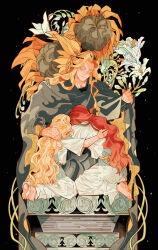 Rule 34 | 1girl, 2boys, arm up, blonde hair, braid, brother and sister, brothers, closed eyes, colored eyelashes, drenched-in-sunlight, elden ring, flower, godwyn the golden, grey cloak, half-siblings, hand on another&#039;s back, hand on another&#039;s neck, highres, holding cloak, hug, kneeling, long hair, malenia blade of miquella, miquella (elden ring), multiple boys, multiple braids, on floor, red hair, siblings, sunflower, twins, very long hair