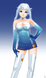 Rule 34 | 1girl, bare shoulders, blue eyes, blue hair, breasts, cleavage, cleavage cutout, clothing cutout, elbow gloves, gloves, hairband, hand on own hip, hip focus, matching hair/eyes, original, personification, see-through, solo, thighhighs, twintails, yukiyoshi