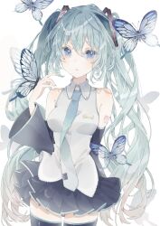 Rule 34 | 1girl, absurdres, animal, animal on hand, aqua hair, black skirt, black sleeves, black thighhighs, blue eyes, blue necktie, breasts, bug, butterfly, collared shirt, commentary request, cowboy shot, detached sleeves, dress shirt, hair between eyes, hand up, hatsune miku, highres, insect, long hair, long sleeves, looking at viewer, medium breasts, necktie, parted lips, pleated skirt, shirt, siho (ricchil), simple background, skirt, sleeveless, sleeveless shirt, solo, thighhighs, tie clip, twintails, very long hair, vocaloid, white background, white shirt, wide sleeves