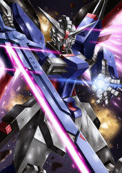 Rule 34 | asaba naoto, battle, beam sword, commentary, destiny gundam spec ii, energy sword, energy wings, explosion, glowing, glowing hand, gundam, gundam seed, gundam seed freedom, highres, holding, holding sword, holding weapon, light particles, looking at viewer, mecha, mobile suit, no humans, reverse grip, robot, science fiction, solo, space, sword, upper body, v-fin, weapon, white eyes