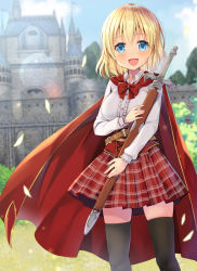 Rule 34 | 1girl, bad id, bad pixiv id, black thighhighs, blonde hair, blue eyes, blush, bow, breasts, cape, castle, commentary request, day, highres, holding, holding sword, holding weapon, large breasts, long sleeves, mori airi, open mouth, original, outdoors, red bow, red cape, red skirt, skirt, smile, solo, sword, thighhighs, weapon