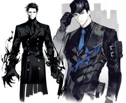 Rule 34 | 1boy, absurdres, arm pouch, baseball cap, belt, black belt, black coat, black eyes, black gloves, black hair, black headwear, black shirt, black vest, blue necktie, closed mouth, coat, collared shirt, e.g.o (project moon), gloves, hat, highres, limbus company, long sleeves, looking at viewer, male focus, meursault (project moon), multiple views, necktie, project moon, remsrar, shirt, trench coat, vest, white background