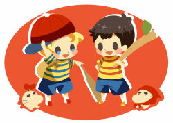 Rule 34 | 2boys, backpack, bag, baseball bat, baseball cap, black hair, blonde hair, blue shorts, blush stickers, brown bag, chibi, cosplay, costume switch, doseisan, drop shadow, full body, hat, hitofutarai, holding, holding baseball bat, holding stick, looking at another, lucas (mother 3), male focus, mother (game), mother 2, mother 3, multiple boys, ness (mother 2), nintendo, open mouth, orange footwear, red footwear, red headwear, shirt, short hair, shorts, sideways hat, standing, stick, striped clothes, striped shirt