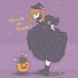 Rule 34 | 1girl, :d, animal, ankle boots, black cat, black dress, black footwear, black hat, boots, brown eyes, brown hair, cat, commentary, dress, english commentary, frilled dress, frills, full body, halloween, hat, highres, layered dress, leaning forward, long dress, long hair, long legs, looking at viewer, messy hair, mini hat, mini witch hat, necono naco, no nose, open mouth, original, pumpkin costume, purple background, rubber boots, sketch, skirt hold, smile, solo, standing, triangle, trick or treat, twintails, unfinished, witch, witch hat