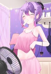 Rule 34 | 1girl, absurdres, bare shoulders, blush, breasts, closed eyes, demon tail, ear piercing, hair ornament, hairclip, highres, hololive, long hair, looking at viewer, medium breasts, multicolored hair, navel piercing, piercing, pink hair, purple hair, solo, streaked hair, tachibana shiro, tail, tail ornament, tokoyami towa, virtual youtuber