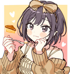 Rule 34 | 1girl, black eyes, black hair, blush, border, bow, bowtie, brown bow, brown bowtie, brown cardigan, cake, cake slice, cardigan, closed mouth, commentary request, food, fork, gradient background, headband, heart, holding, holding fork, jacket, jacket partially removed, long sleeves, pjmiyo, project sekai, shinonome ena, short hair, sleeveless, solo, white border