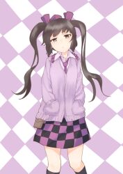 Rule 34 | 1girl, black skirt, black socks, brown eyes, brown hair, checkered background, checkered clothes, checkered skirt, closed mouth, collared shirt, commentary request, cowboy shot, frilled shirt collar, frills, hair ribbon, hands in pockets, hat, head tilt, highres, himekaidou hatate, jacket, kanpa (campagne 9), kneehighs, long hair, long sleeves, looking at viewer, necktie, purple hat, purple jacket, purple necktie, purple ribbon, purple shirt, purple skirt, ribbon, shirt, skirt, socks, solo, standing, tokin hat, touhou, twintails