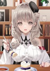 Rule 34 | 1girl, absurdres, azur lane, bare shoulders, black hat, blouse, book, bookshelf, breast pocket, breasts, cake, coffee, coffee cup, cup, detached sleeves, disposable cup, drill hair, drill sidelocks, food, fork, glass, grey eyes, grey hair, hat, highres, holding, holding fork, indoors, iron blood (emblem), long hair, looking at food, luetzow (azur lane), mini hat, nail polish, open mouth, pocket, red nails, shirt, sidelocks, sitting, soar sora222, solo, upper body, white shirt, wide sleeves