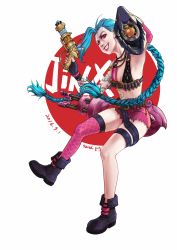 Rule 34 | 1girl, absurdly long hair, absurdres, ammunition, ammunition belt, arm strap, arm tattoo, asymmetrical gloves, bare shoulders, belt, belt buckle, bikini, bikini top only, blue hair, braid, buckle, bullet, bullet necklace, elbow gloves, fingerless gloves, gloves, highres, jewelry, jinx (league of legends), league of legends, lipstick, long hair, makeup, mismatched gloves, necklace, pink eyes, pink thighhighs, short shorts, shorts, single thighhigh, smile, solo, stomach tattoo, swimsuit, tattoo, thigh strap, thighhighs, twin braids, uneven gloves, very long hair, weapon