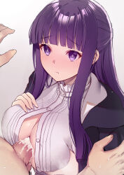 Rule 34 | 1boy, 1girl, between breasts, black coat, black robe, blunt bangs, blush, breasts, breasts squeezed together, closed mouth, coat, cum, cum on body, cum on breasts, cum on upper body, dress, fern (sousou no frieren), hetero, highres, interstellar, large breasts, long hair, paizuri, paizuri under clothes, penis, purple eyes, purple hair, purple pupils, robe, solo focus, sousou no frieren, straight hair, white dress