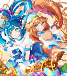 Rule 34 | 2girls, absurdres, animal ears, back-to-back, basket, blue bow, blue dress, blue eyes, blue hair, bow, brown dress, brown hair, closed mouth, clothing cutout, cure spicy, delicious party precure, dog ears, dog tail, dress, food, frilled hairband, frills, fuwa kokone, gloves, green eyes, grin, hair bow, hair ornament, hairband, highres, huge bow, long hair, looking at viewer, medium dress, multiple girls, pam-pam (precure), pam-pam (precure) (human), precure, puffy short sleeves, puffy sleeves, rope, short sleeves, shoulder cutout, side ponytail, smile, standing, tail, white gloves, yuutarou (fukiiincho)