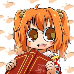 Rule 34 | 1girl, apron, profile picture, book, chamaji, check commentary, checkered clothes, checkered shirt, commentary request, hair between eyes, hair bobbles, hair ornament, holding, holding book, japanese clothes, looking at viewer, lowres, motoori kosuzu, open mouth, red eyes, red hair, shirt, short hair, signature, slug, smile, solo, touhou, twintails, upper body, yellow apron
