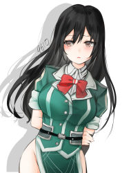 Rule 34 | 1girl, 9610 (kuroto), absurdres, arms behind back, belt, black eyes, black gloves, black hair, black skirt, bow, bowtie, breasts, chikuma (kancolle), collared shirt, cowboy shot, elbow gloves, gloves, highres, jacket, kantai collection, large breasts, long hair, long skirt, open mouth, pelvic curtain, puffy short sleeves, puffy sleeves, shadow, shirt, short sleeves, side slit, signature, simple background, single elbow glove, single glove, skirt, solo, white background