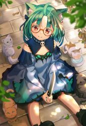 Rule 34 | 1girl, ahoge, animal, animal ear fluff, animal ears, bespectacled, black footwear, blue bow, blue dress, blue sleeves, bow, bowl, brown-framed eyewear, cat, cat ears, closed mouth, commentary, detached sleeves, dress, drinking, earrings, glasses, green hair, green nails, hair bow, highres, holding, holding knife, hololive, jewelry, juliet sleeves, kemonomimi mode, knife, long sleeves, nail polish, on ground, pet bowl, puffy sleeves, red eyes, round eyewear, sasatabekung, shoes, sitting, skull earrings, sleeveless, sleeveless dress, smile, solo, symbol-only commentary, two-handed, uruha rushia, uruha rushia (1st costume), virtual youtuber, water