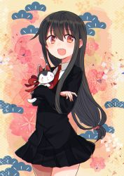 Rule 34 | 1girl, black hair, black skirt, blazer, cat, floral background, hatsushimo (kancolle), highres, jacket, kantai collection, long hair, looking at viewer, low-tied long hair, nagiki kanae, necktie, open mouth, pleated skirt, red eyes, red necktie, school uniform, skirt, smile, solo