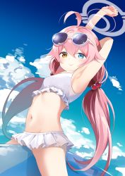 Rule 34 | 1girl, absurdres, ahoge, arm behind head, arm up, armpits, bikini, bikini skirt, blue archive, blue eyes, breasts, cloud, eyewear on head, frilled bikini, frills, hair bobbles, hair ornament, halo, heterochromia, highres, hoshino (blue archive), hoshino (swimsuit) (blue archive), inflatable toy, long hair, low twintails, microskirt, navel, outdoors, pink hair, shiratama mochi, sitting, skirt, sky, small breasts, smile, solo, straddling, sunglasses, swimsuit, thighs, twintails, white bikini, yellow eyes