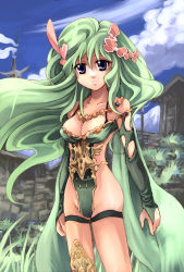 Rule 34 | 1990s (style), 1girl, breasts, bridal gauntlets, cleavage, final fantasy, final fantasy iv, final fantasy iv: the after years, green hair, kouno hikaru, large breasts, leotard, long hair, outdoors, rydia (ff4), sky, solo