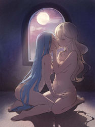 Rule 34 | 2girls, ass, azura (fire emblem), barefoot, blue hair, blush, breasts, cleavage, closed eyes, cloud, cloudy sky, corrin (female) (fire emblem), corrin (fire emblem), cousins, feet, fire emblem, fire emblem fates, full moon, hand on another&#039;s face, hand on another&#039;s thigh, hand on own hip, incest, indoors, kiss, kneehighs, long hair, moon, multiple girls, navel, night, nintendo, nude, pointy ears, sitting, sky, socks, toes, very long hair, white hair, window, xin (shingiko), yuri