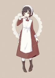 Rule 34 | 1girl, alternate costume, apron, blunt bangs, boots, braid, brown dress, brown eyes, brown footwear, brown hair, cocax x, cross-laced footwear, double bun, dress, enmaided, frilled apron, frills, full body, hair bun, highres, kantai collection, lace-up boots, long hair, looking at viewer, maid, maid headdress, solo, standing, twin braids, un&#039;you (kancolle), white apron, yawata maru (kancolle)