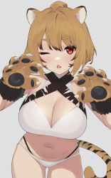Rule 34 | 1girl, ;o, ahoge, animal ears, animal hands, ao (aokisora ao), bare arms, bare shoulders, bikini, breasts, brown hair, chinese zodiac, cleavage, cowboy shot, eyeshadow, gloves, gradient hair, highres, large breasts, looking at viewer, makeup, multi-strapped bikini, multicolored hair, navel, one eye closed, open mouth, original, paw gloves, red eyes, short hair, simple background, solo, standing, stomach, swimsuit, tail, thighs, tiger ears, tiger girl, tiger tail, white background, white bikini, year of the tiger