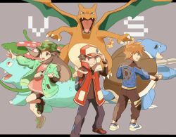 Rule 34 | 1girl, 2boys, :d, bad id, bad twitter id, bike shorts, blastoise, blue oak, blue oak (sygna suit), brown eyes, brown hair, brown pants, buttons, camouflage, camouflage headwear, charizard, claws, clenched hand, coat, creatures (company), dragon, dragon wings, dress, eyelashes, flame-tipped tail, floating hair, game freak, gen 1 pokemon, green coat, grey background, hand on headwear, hat, highres, jacket, leaf (pokemon), leaf (sygna suit) (pokemon), leg up, letterboxed, long hair, long sleeves, looking at viewer, multiple boys, nintendo, open clothes, open coat, open mouth, outside border, outstretched arm, pants, pink dress, pointing, pokemon, pokemon (creature), pokemon masters ex, red (pokemon), red (sygna suit) (pokemon), red coat, shoes, short dress, short hair, sidelocks, sleeveless, sleeveless coat, smile, sneakers, spiked hair, standing, starter pokemon trio, tongue, torinoko (miiko draw), venusaur, wings, wristband