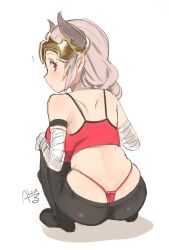 Rule 34 | 1girl, aliza (granblue fantasy), ass, bandaged arm, bandages, crop top, draph, female focus, full body, granblue fantasy, horns, looking at viewer, looking back, panties, pants, ponytail, red panties, rkrk, silver hair, simple background, solo, squatting, t-back, tank top, underwear, whale tail (clothing)
