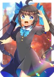Rule 34 | 1girl, :d, ahoge, arm up, black dress, black hair, blue bow, blue eyes, blurry, blurry background, blush, bow, breasts, collared dress, commentary request, commission, depth of field, dress, frilled sleeves, frills, hair bow, kou hiyoyo, long hair, looking at viewer, open mouth, original, puffy short sleeves, puffy sleeves, short sleeves, skeb commission, small breasts, smile, solo, twintails, very long hair