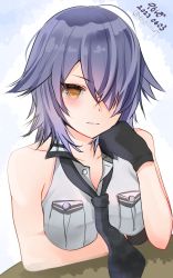 Rule 34 | 1girl, 9610 (kuroto), absurdres, black gloves, black necktie, breast pocket, collared shirt, gloves, hair over one eye, highres, kantai collection, looking at viewer, necktie, one-hour drawing challenge, pocket, purple hair, shirt, short hair, sleeveless, sleeveless shirt, solo, tenryuu (kancolle), tenryuu kai ni (kancolle), upper body, yellow eyes