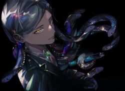 Rule 34 | 1boy, androgynous, black background, black jacket, brooch, closed mouth, collared shirt, dark skin, from above, from side, gem, gloves, green eyes, green gemstone, grey hair, highres, holding, jacket, jewelry, liquid, living hair, long hair, long sleeves, looking at viewer, looking up, male focus, monster boy, original, shirt, simple background, snake hair, solo, test tube, torinodesu4, upper body, yellow eyes
