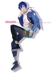 Rule 34 | 1boy, absurdres, black footwear, blue eyes, blue hair, character name, commentary, double-parted bangs, full body, hand up, highres, jacket, jewelry, kaito (vocaloid), long sleeves, looking at viewer, male focus, necklace, open clothes, open jacket, open mouth, parang 99, project sekai, ring, ring necklace, shoelaces, short hair, solo, vivid bad squad (project sekai), vivid bad squad kaito, vocaloid, white background