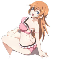 Rule 34 | 1girl, ass, bikini, blue eyes, breasts, butt crack, charlotte e. yeager, cleavage, cowboy shot, frilled bikini, frills, large breasts, long hair, looking at viewer, nanashino, orange hair, pink bikini, simple background, sitting, solo, strap slip, strike witches, swimsuit, white background, world witches series