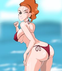 Rule 34 | 1girl, absurdres, bikini, blurry, breasts, butt crack, cowboy shot, crayon shin-chan, curvy, day, depth of field, high ponytail, highres, kakalot595850, large breasts, looking at viewer, looking to the side, oiroke, one eye closed, orange hair, outdoors, shiny skin, short hair, side-tie bikini bottom, smile, solo, standing, swimsuit, twisted neck, wink