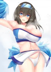 Rule 34 | 1girl, arm up, armpits, bare shoulders, black hair, blue bow, blue eyes, blue hairband, blush, bouncing breasts, bow, breasts, breasts apart, cheerleader, collarbone, commentary request, hair between eyes, hairband, highleg, highleg panties, highres, hip focus, idolmaster, idolmaster cinderella girls, large breasts, long hair, midriff, miniskirt, navel, open mouth, panties, pom pom (cheerleading), sagisawa fumika, sankakusui, shiny skin, simple background, skirt, smile, solo, steaming body, strapless, sweatdrop, thighs, tube top, unaligned breasts, underwear, white background, white panties, white skirt
