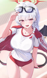 Rule 34 | 1girl, absurdres, blue archive, braid, breasts, haruna (blue archive), highres, large breasts, looking at viewer, mouth hold, open mouth, red eyes, rivet (vvrn2825), shirt, single braid, smile, solo, white hair, white shirt
