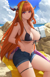 Rule 34 | 1girl, absurdres, ahoge, alternate costume, bare shoulders, beach, bikini, black bikini, black hairband, blonde hair, blue shirt, blue shorts, blue sky, blunt bangs, blush, braid, breasts, cleavage, collarbone, commentary, day, dragon girl, dragon horns, dragon tail, english commentary, flower, hairband, highres, hololive, horn flower, horns, kiryu coco, large breasts, long hair, looking at viewer, multicolored eyes, multicolored hair, navel, ocean, orange hair, outdoors, pointy ears, pp tenshi t-shirt, print shirt, purple eyes, red eyes, rock, shirt, short shorts, shorts, side braid, single braid, sitting, sky, slit pupils, smile, solo, streaked hair, swimsuit, tail, thighs, virtual youtuber, white flower, zaphn