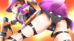 Rule 34 | 1girl, ass, bare shoulders, breasts, chaulking gun (ole tower), cleavage, dual wielding, gloves, glue gun (ole tower), hat, hat feather, holding, ole tower, panties, solo, thighhighs, underwear, yuto (dialique)