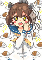 Rule 34 | 10s, 1girl, brown eyes, brown hair, curry, curry rice, dress, food, kantai collection, kuritomo, open mouth, rice, sailor dress, saliva, short hair, simple background, smile, solo, yukikaze (kancolle)