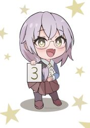 Rule 34 | 1girl, :d, amayomiyu, blue jacket, blush, bright pupils, brown skirt, chibi, commentary request, countdown illustration, eyes visible through hair, fang, glasses, green eyes, grey hair, hair between eyes, heaven burns red, holding, holding paper, izumi yuki (heaven burns red), jacket, long hair, long sleeves, looking at viewer, low side ponytail, miniskirt, open mouth, paper, pleated skirt, round eyewear, school uniform, simple background, skin fang, skirt, smile, solo, standing, star (symbol), twitter username, white background, white pupils