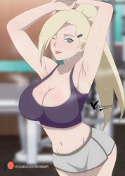 Rule 34 | 1girl, absurdres, agung911, aqua eyes, armpits, arms up, blonde hair, blurry, blurry background, blush, boruto: naruto next generations, bra, breasts, curvy, exercising, highres, large breasts, long hair, looking at viewer, midriff, naruto (series), navel, one eye closed, ponytail, purple bra, signature, smile, solo, sweat, tongue, tongue out, underwear, yamanaka ino