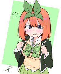 Rule 34 | 1girl, :t, black jacket, blazer, blue eyes, blush, bow, closed mouth, collared shirt, commentary request, eyebrows hidden by hair, go-toubun no hanayome, green background, green bow, green skirt, hair between eyes, jacket, kujou karasuma, long sleeves, looking at viewer, nakano yotsuba, open clothes, open jacket, orange hair, pleated skirt, pout, shirt, signature, skirt, solo, sweater vest, tears, two-tone background, wavy mouth, white background, white shirt